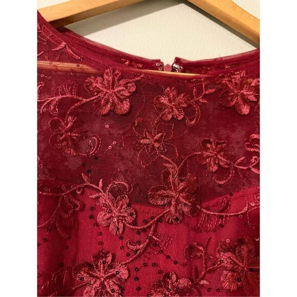 Adrianna Papell Size 6 Sequin Embroidered Midi Dress Red Mesh Overlay Evening - Picture 9 of 13